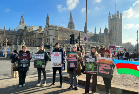 Representantes de la diáspora azerbaiyana celebran una acción de protesta ante el Parlamento británico
